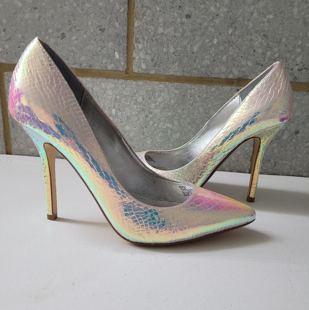 Iridescent white mermaid or unicorn high heel pumps by Dune London,  Sz7,  EU 38